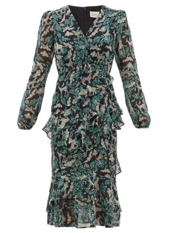 Matchesfashion.com Saloni - Alya Tiered Jungle-print Silk-georgette Dress - Womens - Black Multi