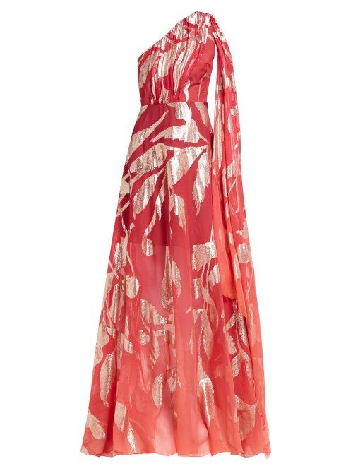 Matchesfashion.com Peter Pilotto - Leaf Jacquard Asymmetric Silk Blend Chiffon Gown - Womens - Red Gold