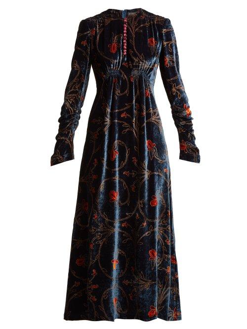 Matchesfashion.com Etro - Sunstone Floral Print Velvet Midi Dress - Womens - Navy Multi
