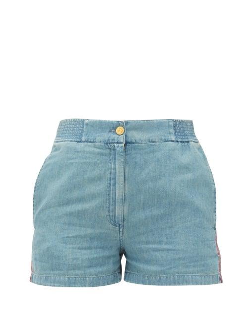 Matchesfashion.com Gucci - High-rise Side-stripe Chambray Shorts - Womens - Blue