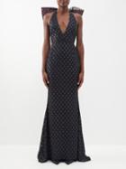 Halpern - V-neck Bow-tied Polka-dot Crepe Gown - Womens - Black Multi