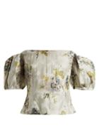 Matchesfashion.com Brock Collection - Boie Itoh Peony Print Silk Jacquard Corset Top - Womens - Blue Print