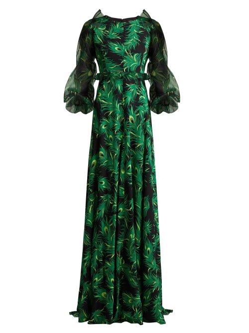 Matchesfashion.com Andrew Gn - Peacock Feather Print Silk Gown - Womens - Green Print
