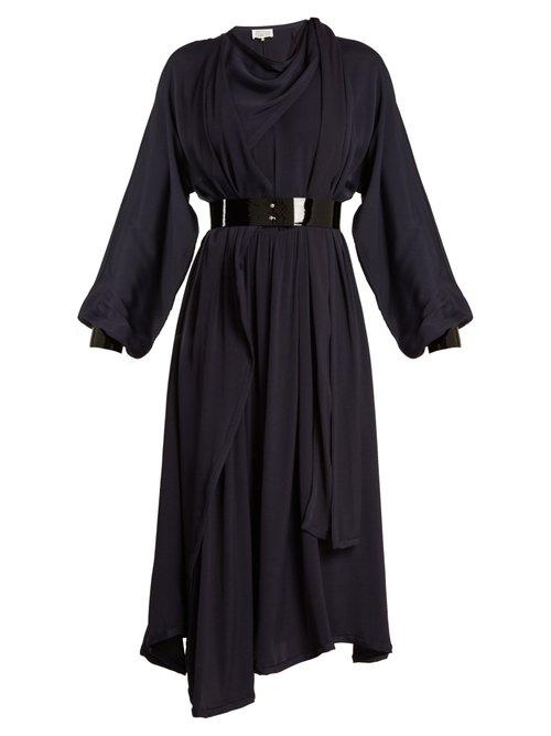 Matchesfashion.com Maison Margiela - Asymmetric Draped Crepe Back Satin Dress - Womens - Navy