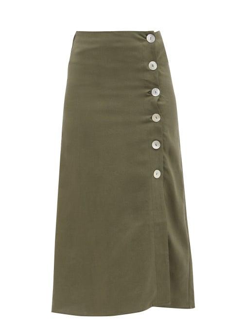 Ladies Beachwear Belize - Rosa Buttoned Linen Midi Skirt - Womens - Khaki