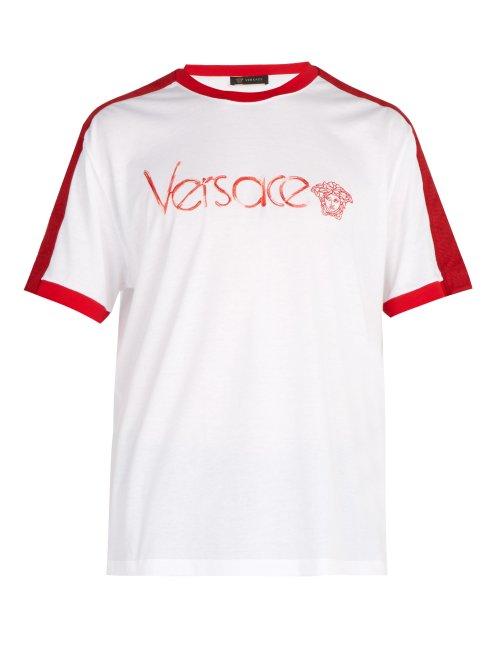 Matchesfashion.com Versace - Logo Embroidered Cotton Jersey T Shirt - Mens - White