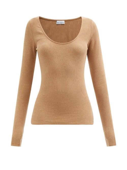 Ladies Rtw Raey - Long-sleeved Scoop-neck Cotton-blend Top - Womens - Camel