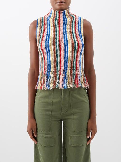Sea - Olina High-neck Fringed Wool-blend Sweater - Womens - Ivory Multi