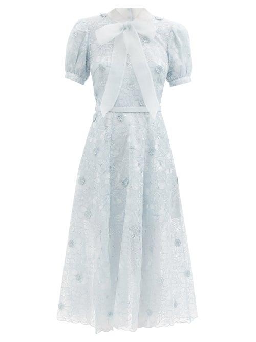 Ladies Rtw Self-portrait - Pussy-bow Floral-embroidered Chiffon Dress - Womens - Light Blue