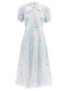 Ladies Rtw Self-portrait - Pussy-bow Floral-embroidered Chiffon Dress - Womens - Light Blue