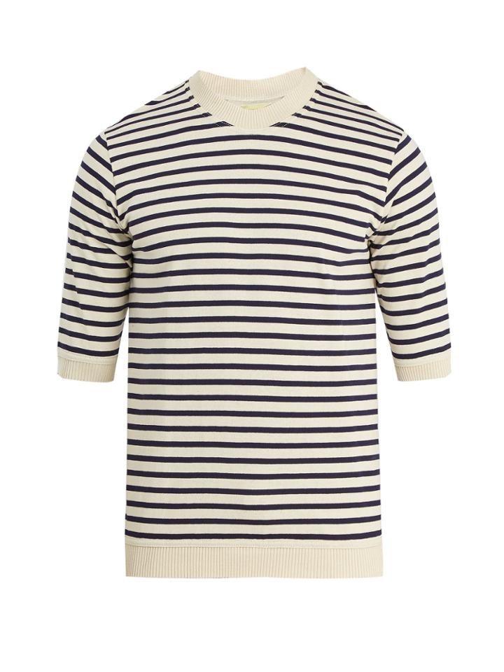 De Bonne Facture Crew-neck Short-sleeved Striped Cotton Sweater