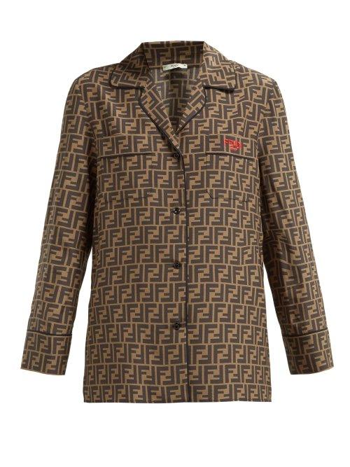 Matchesfashion.com Fendi - Logo Print Silk Crepe De Chine Pyjama Shirt - Womens - Brown Multi