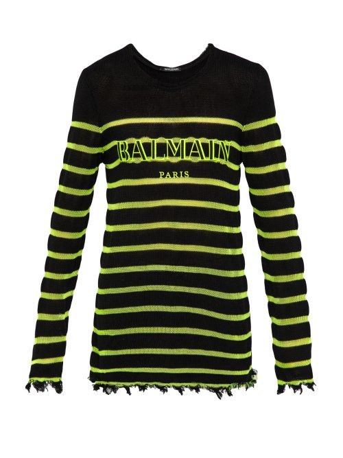 Matchesfashion.com Balmain - Distressed Logo Embroidered Striped Sweater - Mens - Black Yellow