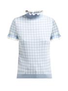 Matchesfashion.com Shrimps - Ruffle Roll Neck Gingham Wool Top - Womens - Light Blue