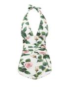Matchesfashion.com Dolce & Gabbana - Halterneck Ruched Rose-print Swimsuit - Womens - White Print