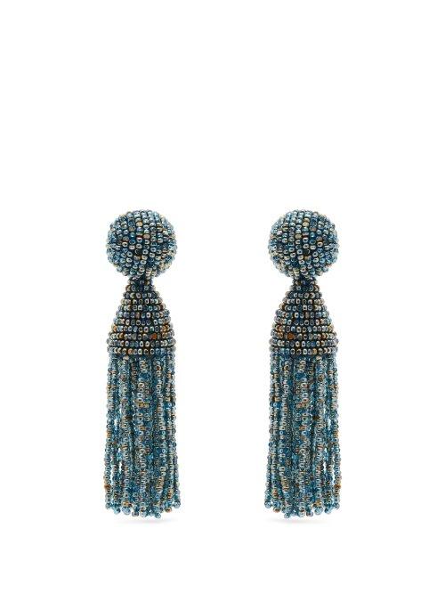 Matchesfashion.com Oscar De La Renta - Beaded Tassel Drop Earrings - Womens - Blue