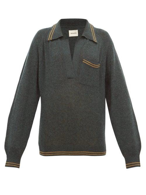 Matchesfashion.com Khaite - Ellen V Neck Striped Trim Cashmere Sweater - Womens - Dark Green