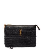 Matchesfashion.com Saint Laurent - Logo Plaque Macram Raffia Pouch - Womens - Black