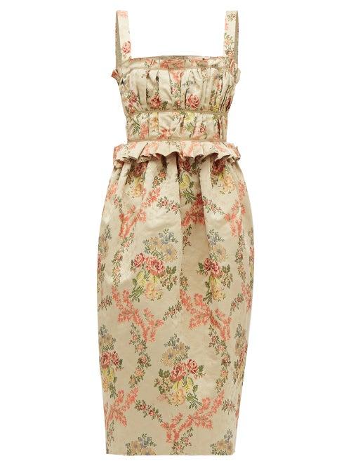 Matchesfashion.com Brock Collection - Floral Jacquard Ottoman Midi Dress - Womens - Beige Multi