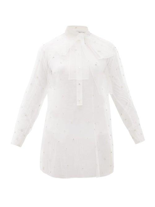 Matchesfashion.com Valentino - Pussy-bow Crystal-embellished Tulle Blouse - Womens - White
