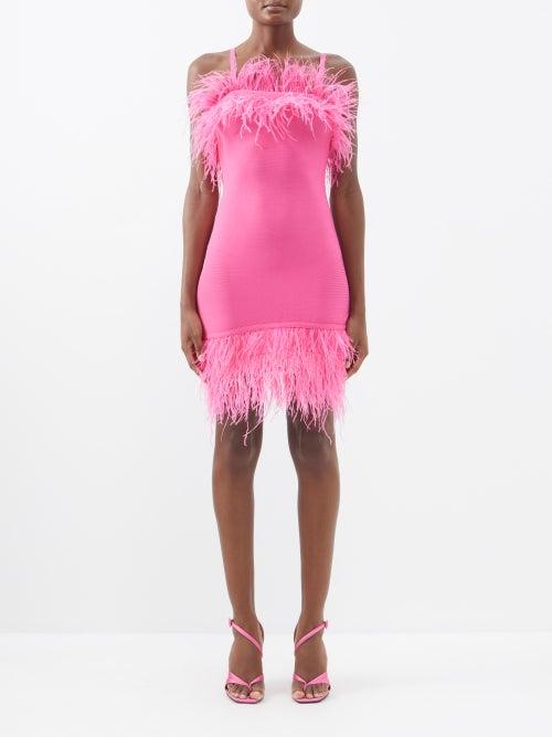 Staud - Etta Feather-trim Stretch-knit Mini Dress - Womens - Bright Pink