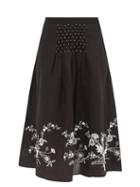 Thierry Colson - Yulia Floral-embroidered Linen Midi Skirt - Womens - Black White