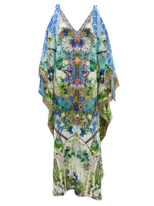 Matchesfashion.com Camilla - Shoulder-ties Leopard And Floral-print Silk Kaftan - Womens - White Print