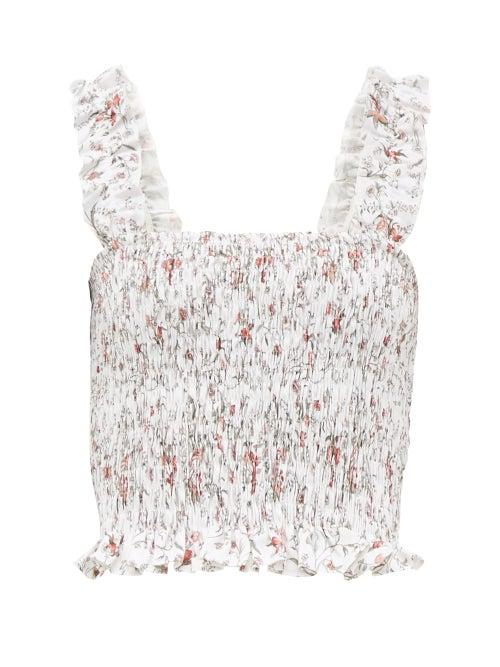 Matchesfashion.com Sir - Haisley Floral Print Smocked Cropped Linen Top - Womens - Ivory Multi