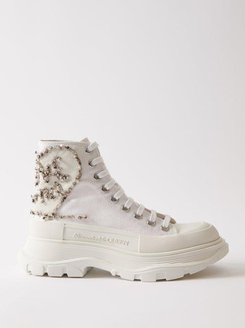 Alexander Mcqueen - Tread Slick Embellished Canvas High-top Trainers - Womens - White Silver