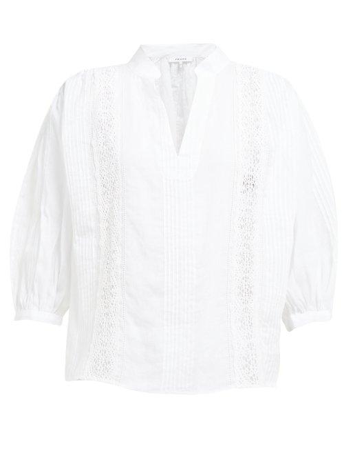 Matchesfashion.com Frame - Cali Lace Insert Ramie Blouse - Womens - White