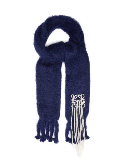 Matchesfashion.com Loewe - Anagram Logo Fringed Mohair Blend Scarf - Womens - Navy White