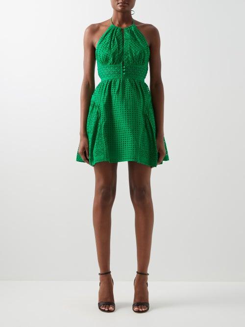 Self-portrait - Broderie Anglaise Cotton Mini Dress - Womens - Bright Green