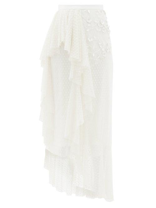 Matchesfashion.com Rodarte - Ruffled Floral-appliqu Swiss-dot Tulle Skirt - Womens - White