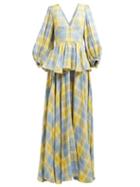 Matchesfashion.com Staud - Panarea Checked Linen Blend Maxi Dress - Womens - Blue Multi