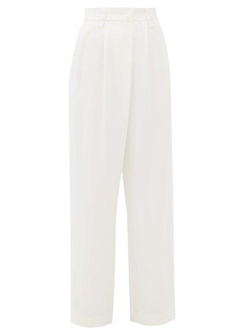 Matchesfashion.com Brunello Cucinelli - Pleated High Rise Crepe Wide Leg Trousers - Womens - Ivory