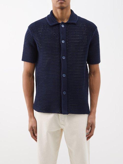 Orlebar Brown - Thomas Crochet-knit Cotton Shirt - Mens - Dark Blue