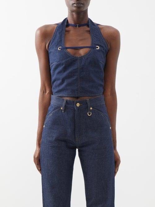 Jacquemus - Papier Scoop-neck Denim Crop Top - Womens - Navy Green