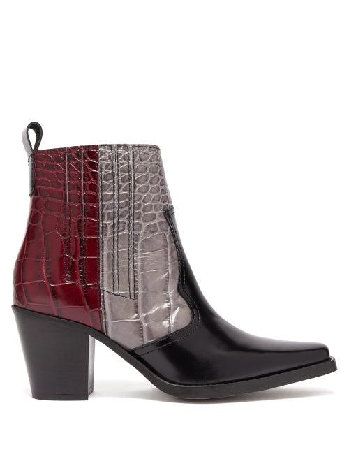 Matchesfashion.com Ganni - Callie Crocodile Effect Leather Ankle Boots - Womens - Black Multi