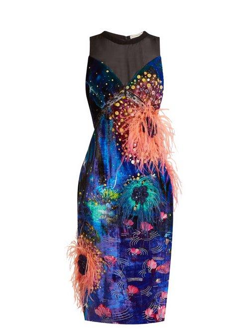 Matchesfashion.com Mary Katrantzou - Affair Embellished Dandelion Print Velvet Dress - Womens - Blue Multi