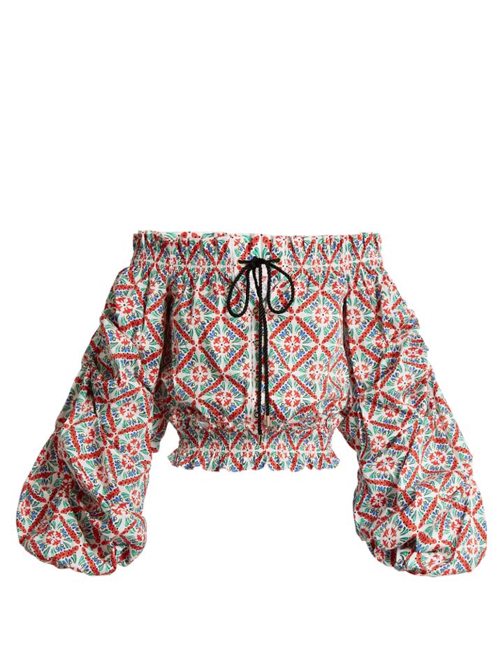 Caroline Constas Lorena Off-the-shoulder Floral Tile-print Blouse