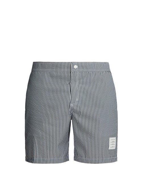 Matchesfashion.com Thom Browne - Logo Patch Striped Seersucker Swim Shorts - Mens - Navy