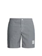 Matchesfashion.com Thom Browne - Logo Patch Striped Seersucker Swim Shorts - Mens - Navy