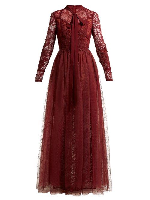 Matchesfashion.com Elie Saab - Pussy Bow Chantilly Lace And Tulle Gown - Womens - Burgundy