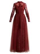 Matchesfashion.com Elie Saab - Pussy Bow Chantilly Lace And Tulle Gown - Womens - Burgundy