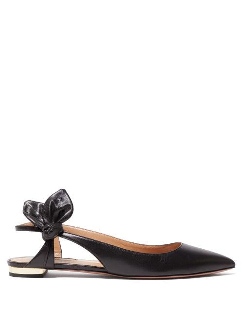 Matchesfashion.com Aquazzura - Drew Bow-embellished Leather Flats - Womens - Black