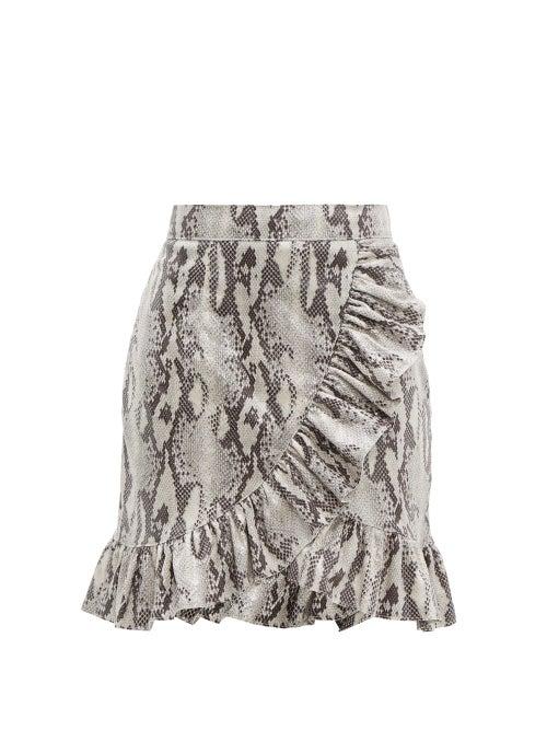 Matchesfashion.com Msgm - Ruffled Python Effect Patent Mini Skirt - Womens - Beige Multi
