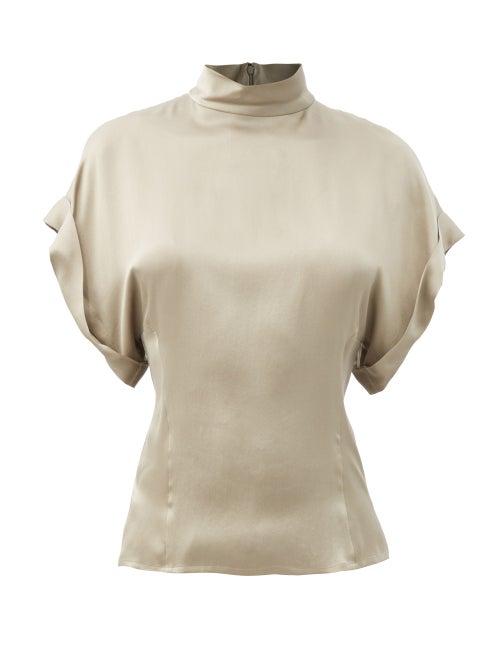 Matchesfashion.com Raey - High-neck Fold-sleeve Silk-satin Top - Womens - Grey