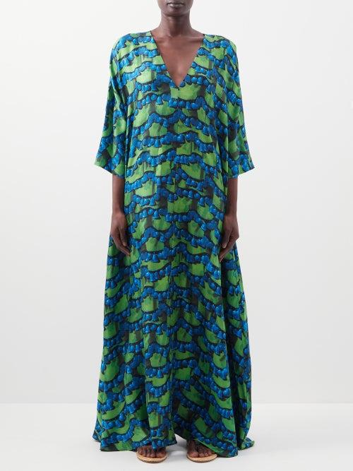 La Doublej - Printed Silk-twill Kaftan Dress - Womens - Green Print
