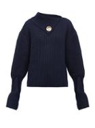 Matchesfashion.com Jw Anderson - Draped Neckline Ribbed Wool Blend Sweater - Womens - Navy