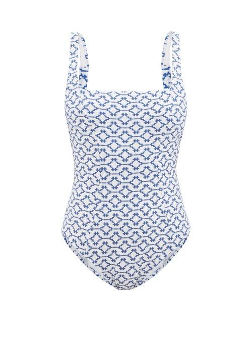 Ladies Beachwear Heidi Klein - Mykonos Tie-back Geometric-jacquard Swimsuit - Womens - Blue Print